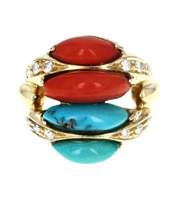 Turquoise, Coral and Diamond Ring in Gold